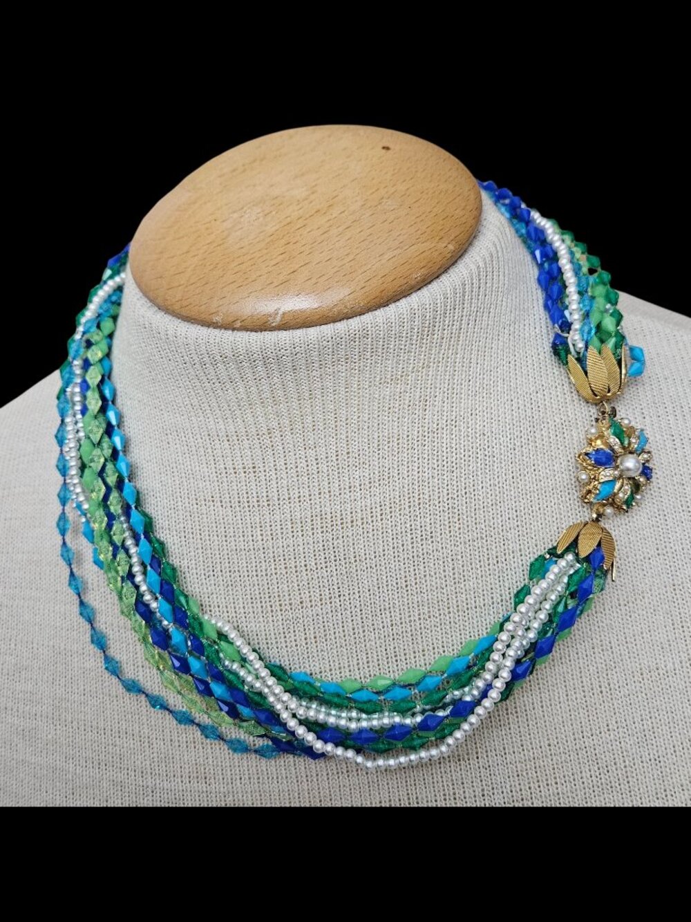 Vintage Selini Multi-Strand Bib Necklace Blue Green Plastic Beads Faux Pearl 21"